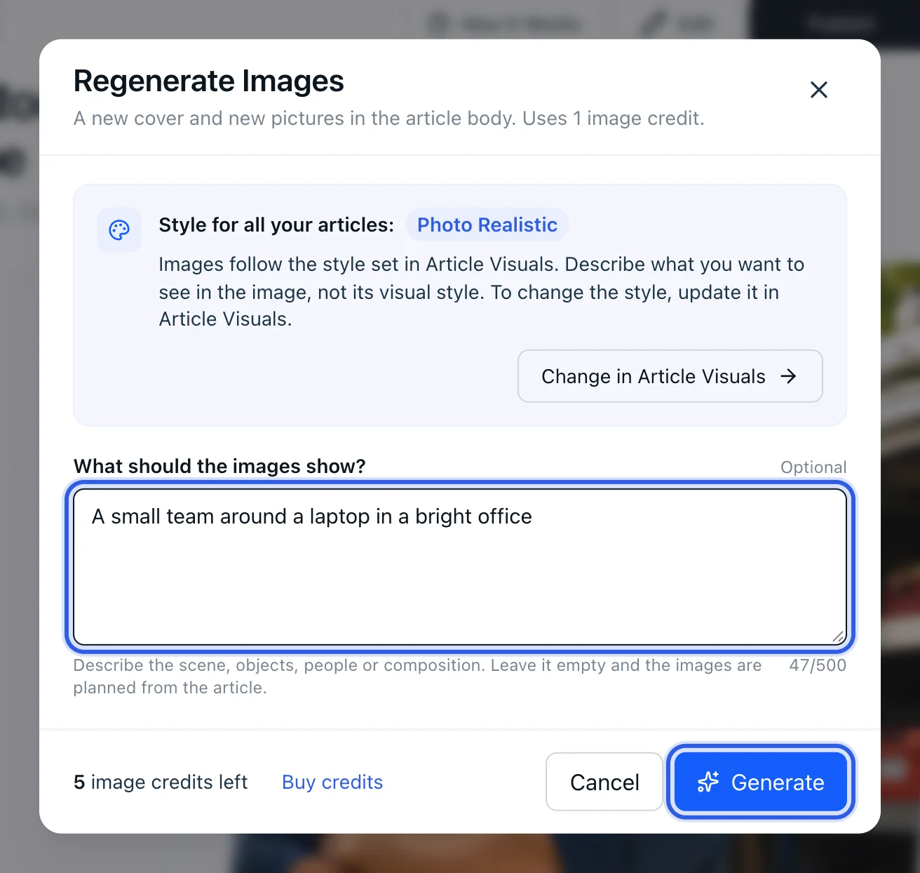 The Regenerate Images window with the image style notice, the note field and the Generate button