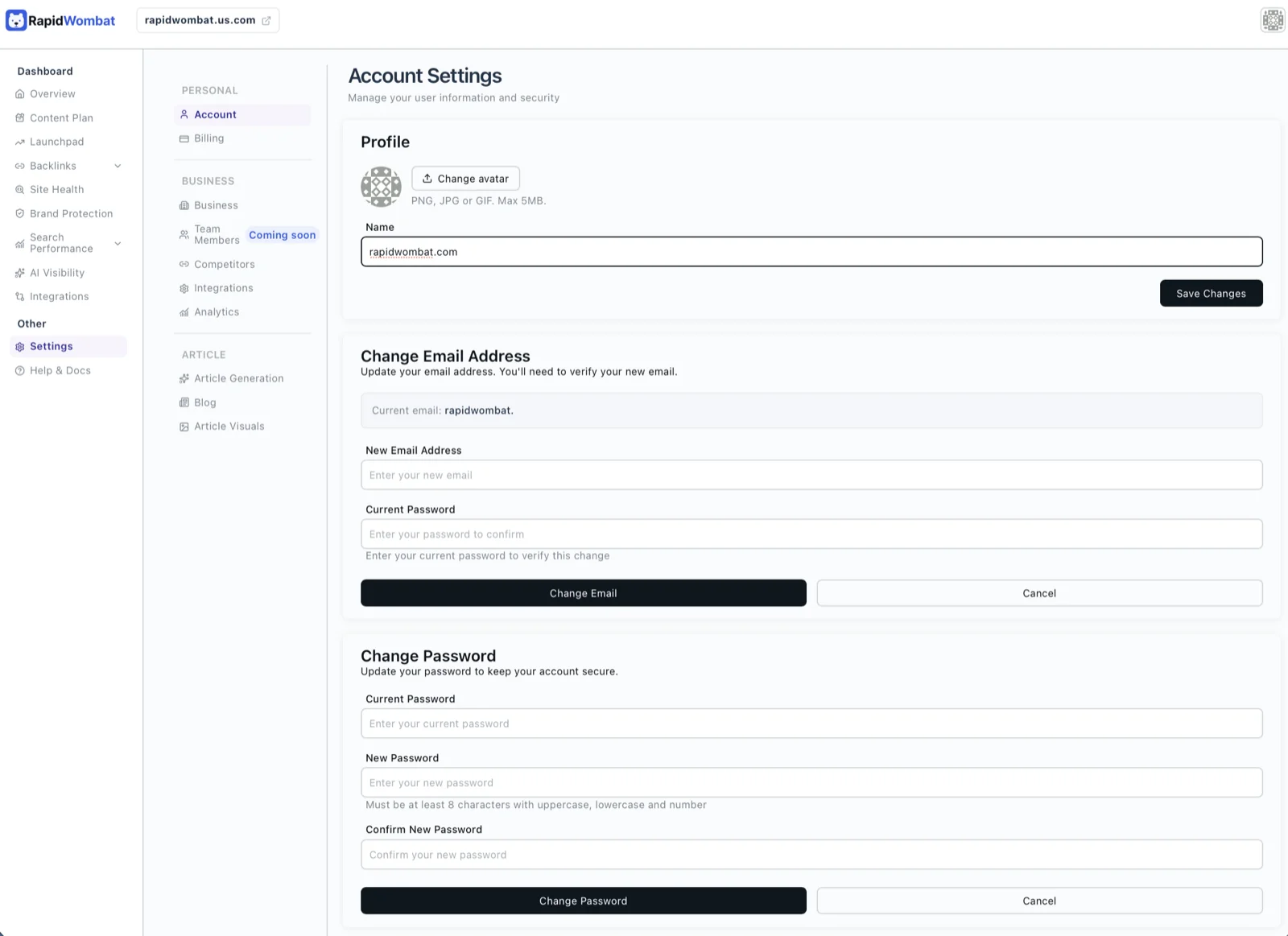 The Account settings page with profile, email, and password sections