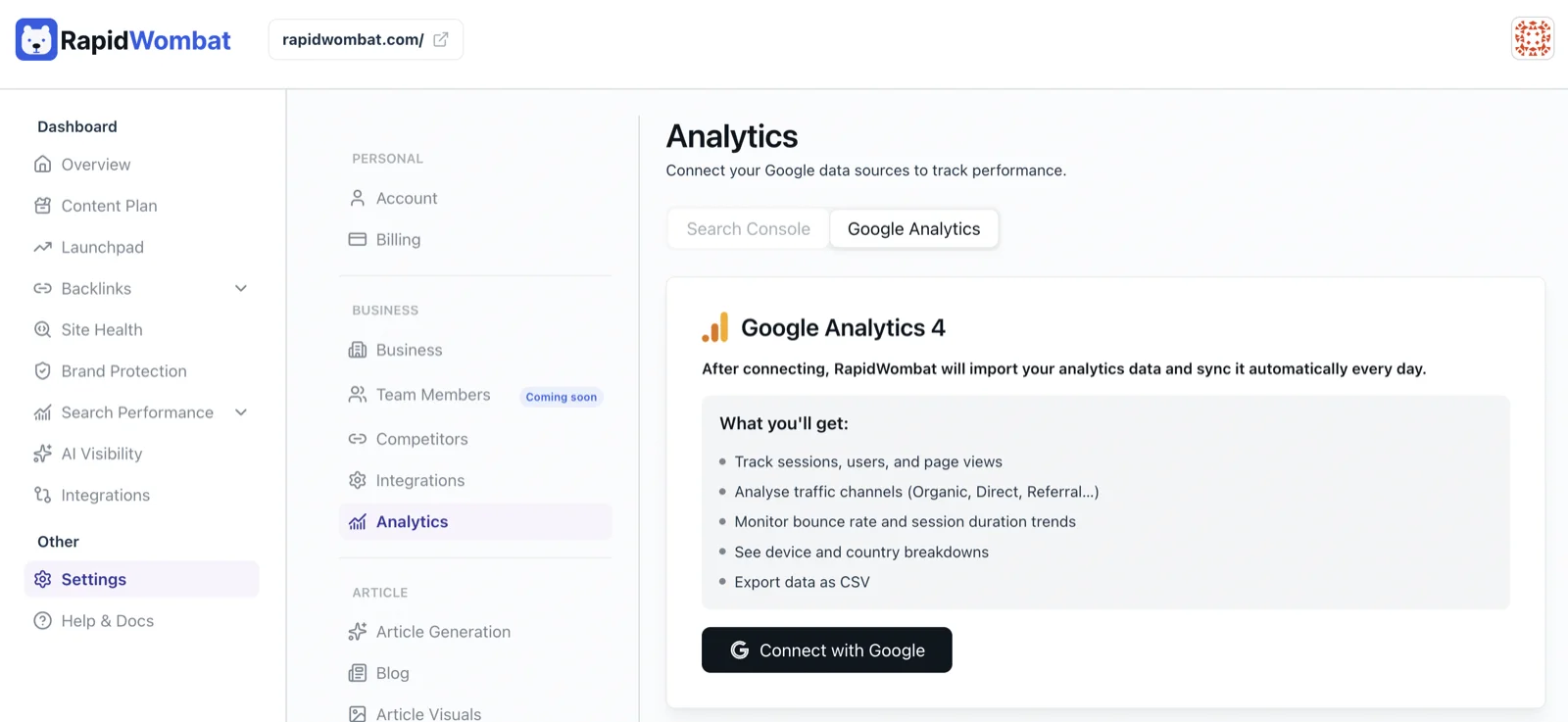 The Google Analytics tab with what the connection unlocks