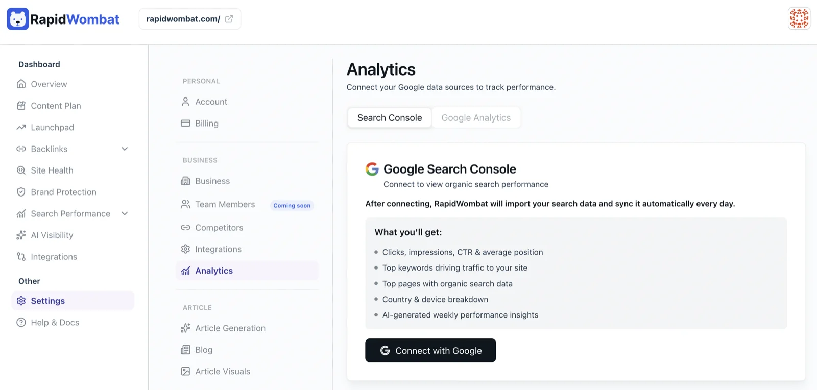 The Analytics settings with the Search Console tab and Connect with Google button