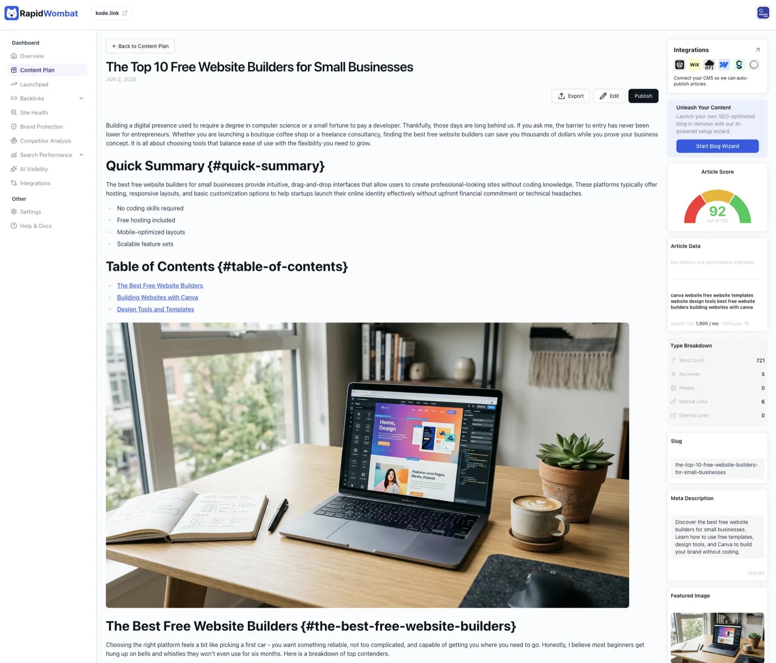 An article opened in the editor with its score, article data, and publish controls