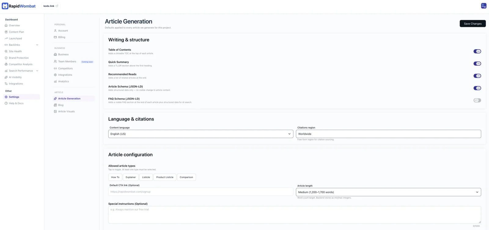 The Article Generation settings with writing, structure, and language options