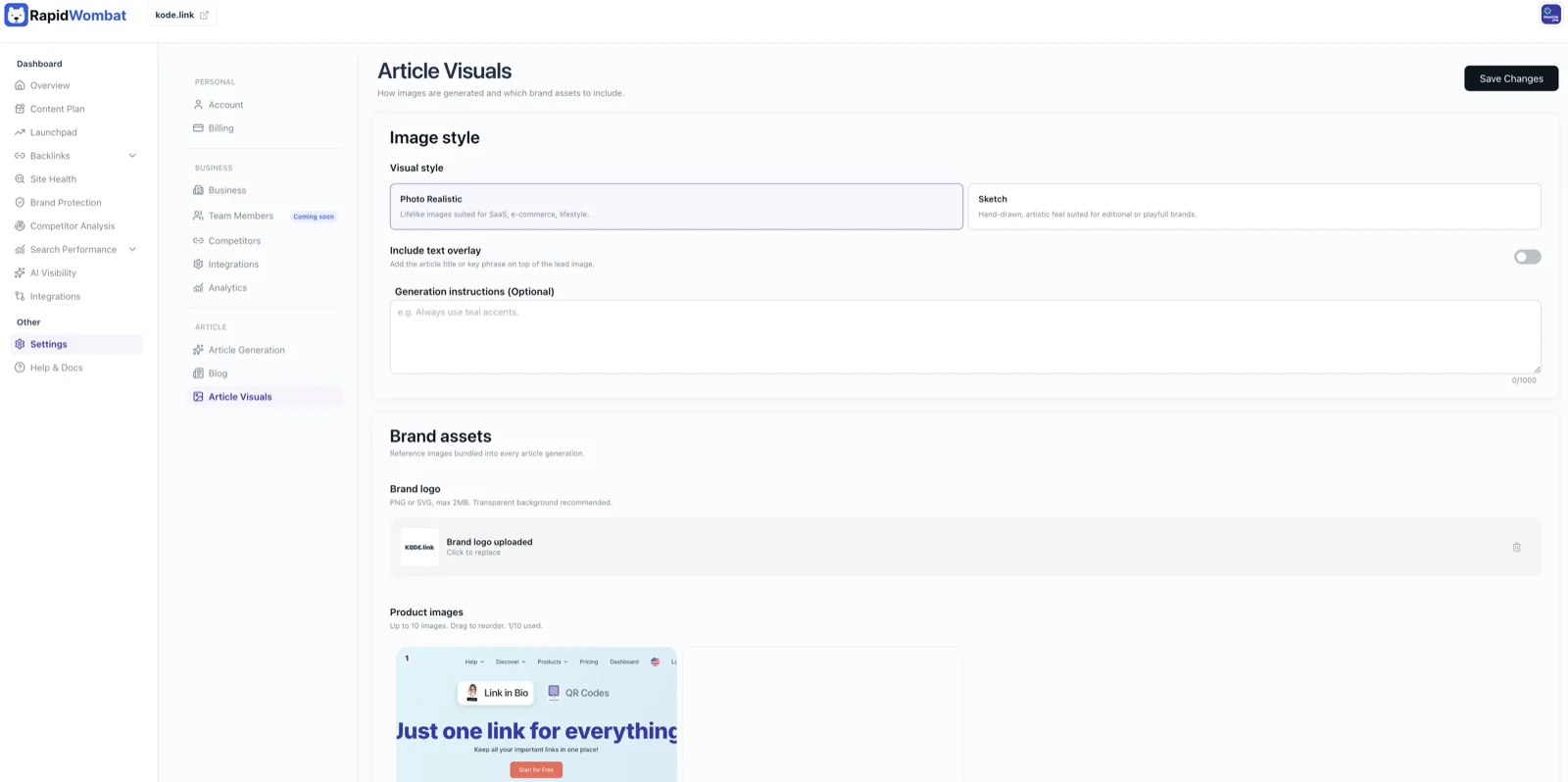 The Article Visuals settings with image style presets and brand assets