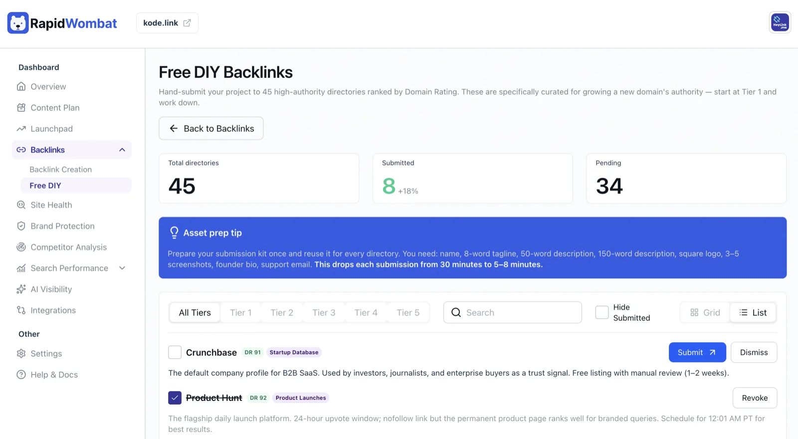 The Free DIY Backlinks page with directory cards, tier tabs, and progress stats