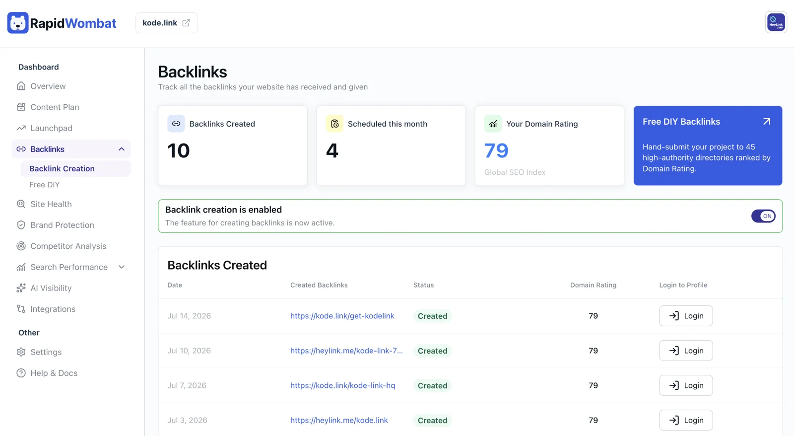 The Backlinks page with created links, schedule, and your domain rating