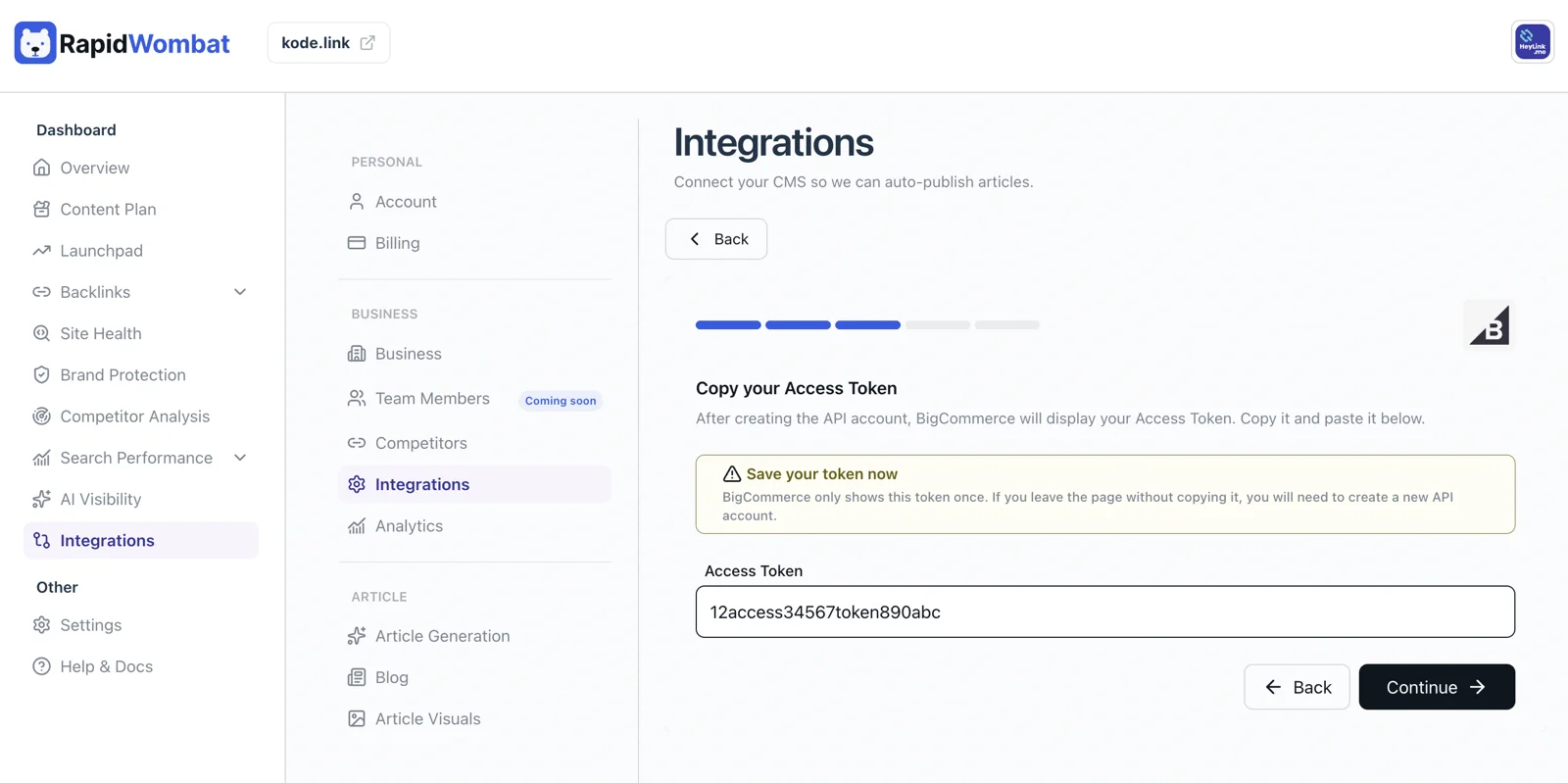The BigCommerce wizard asking for the Access Token