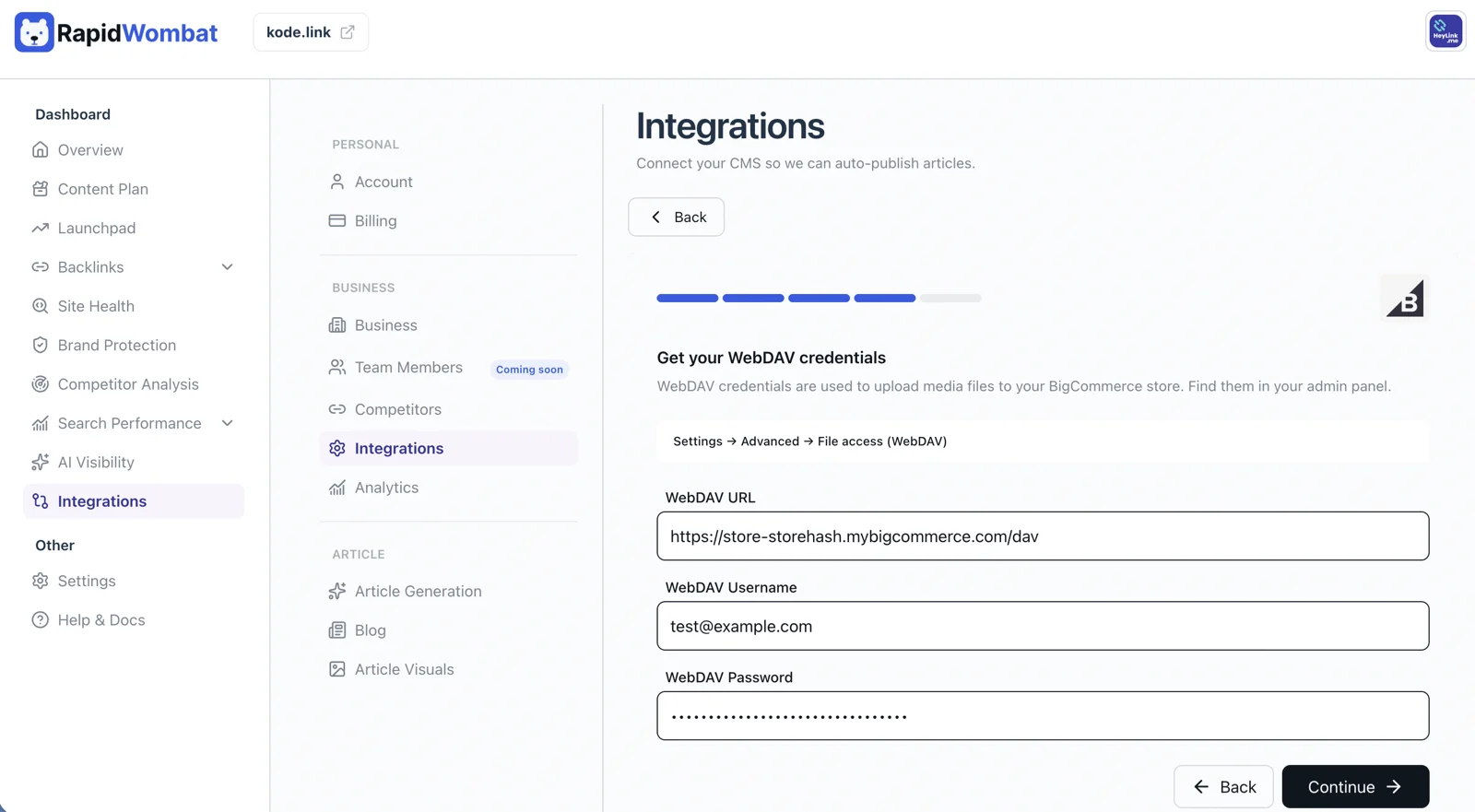 The BigCommerce wizard asking for WebDAV credentials