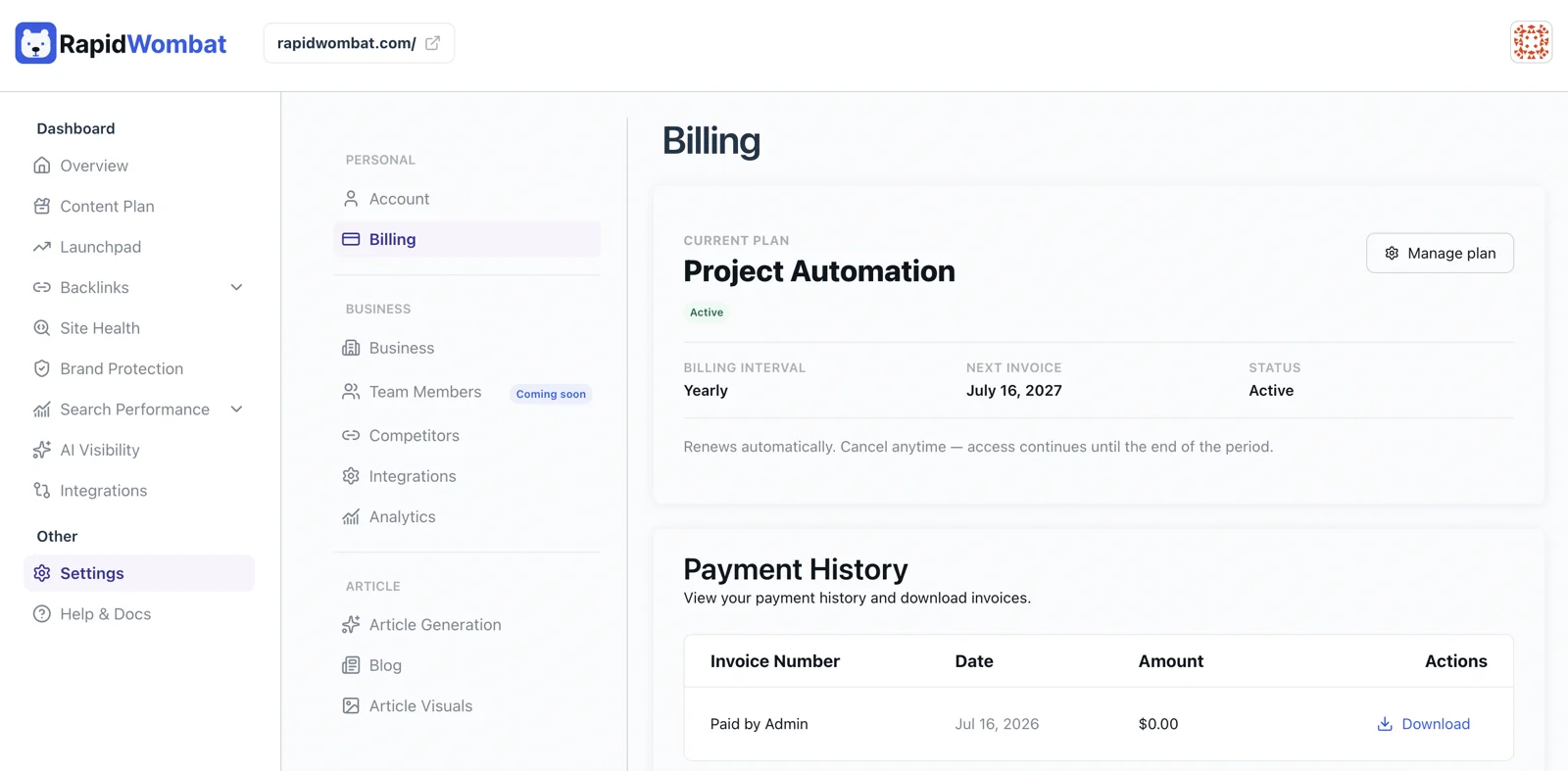 The Billing page with the current plan card and payment history