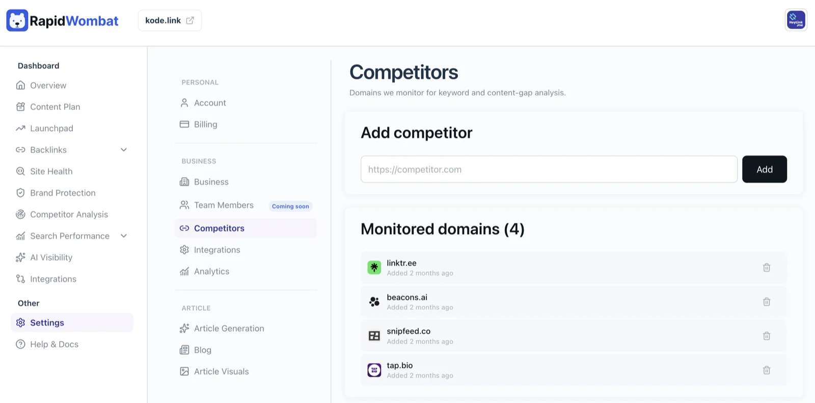The Competitors settings page with monitored domains