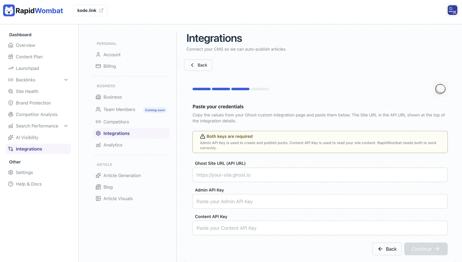 The Ghost wizard asking for the API URL, Admin API Key, and Content API Key