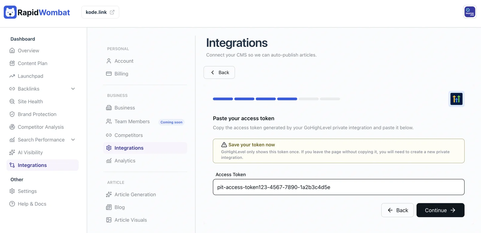 The GoHighLevel wizard asking for the access token