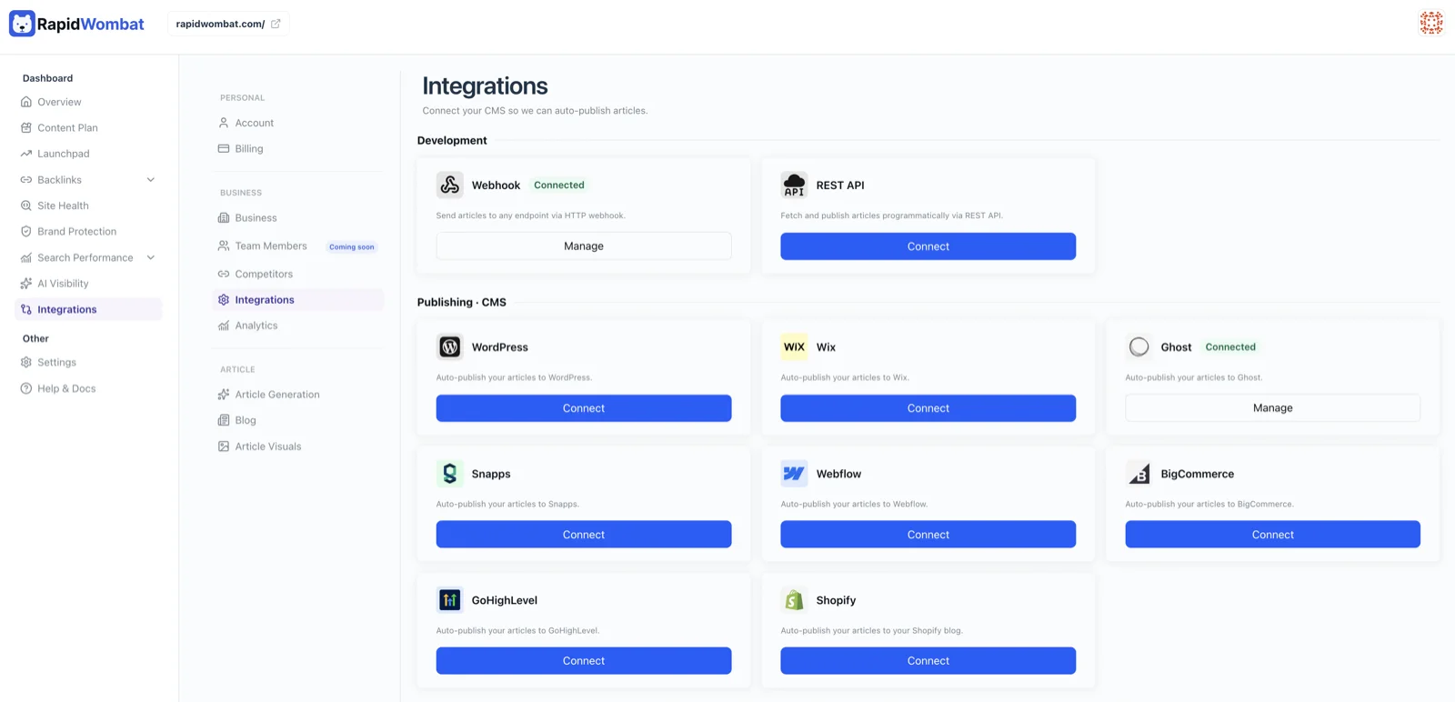 The Integrations page with platform cards grouped into Development and Publishing