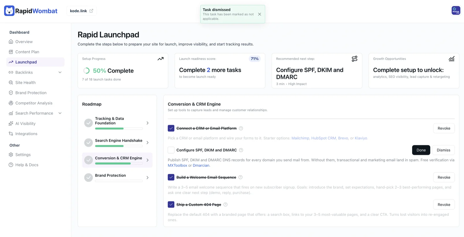 The Conversion & CRM Engine tasks in the Launchpad