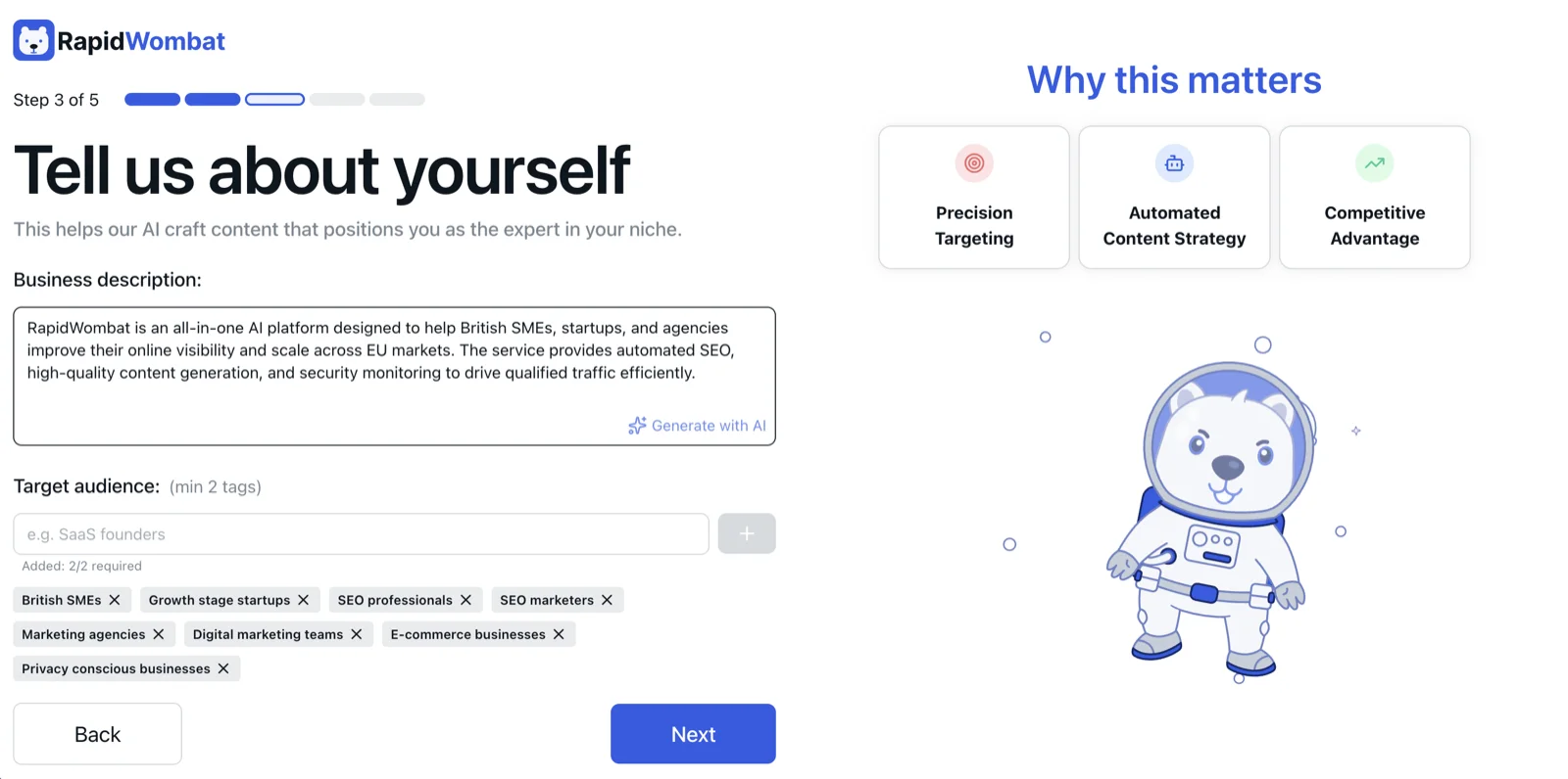 Onboarding step 3 — business description and target audience tags