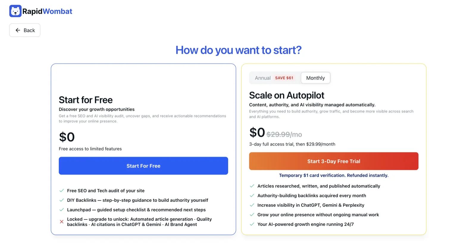 The plan choice at the end of setup — start free or begin a Pro trial