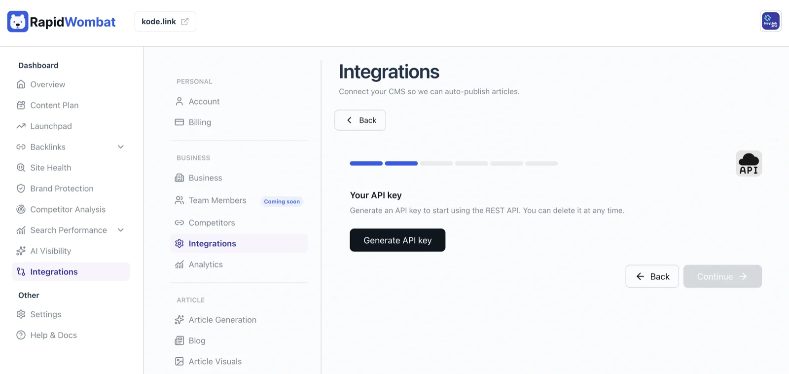 The REST API card with the Generate API key button