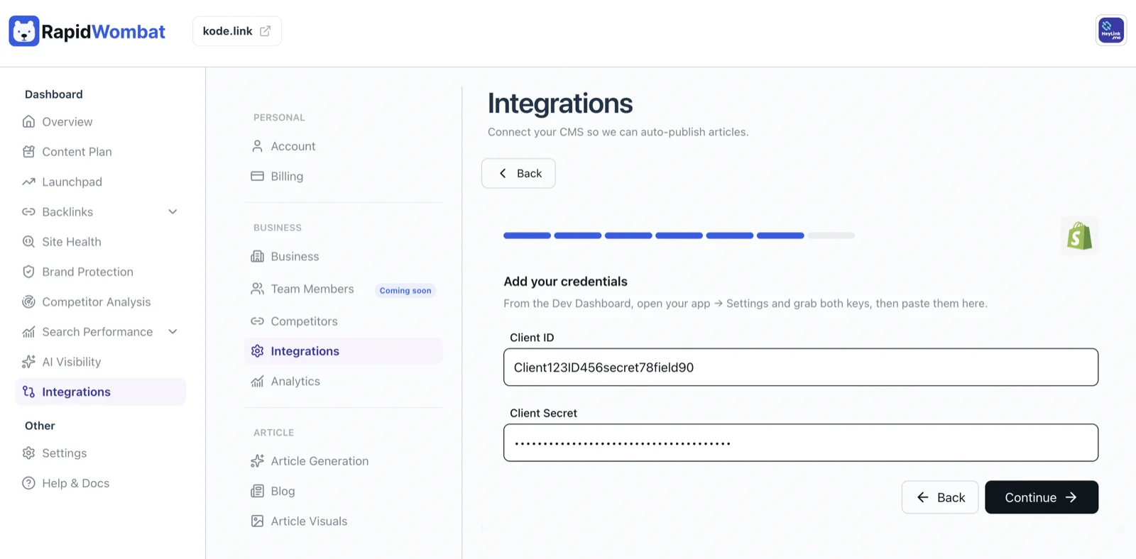 The Shopify wizard asking for the app's Client ID and Client Secret