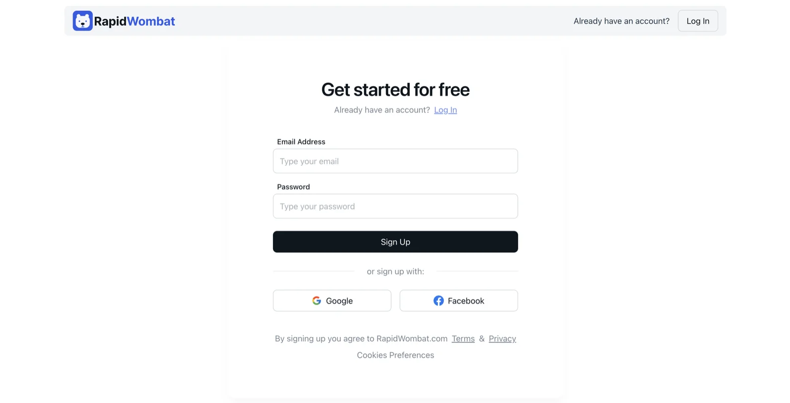 The RapidWombat signup page with email signup and Google / Facebook buttons