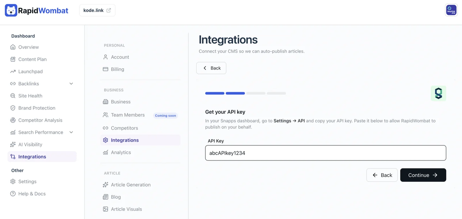 The Snapps wizard asking for the API key
