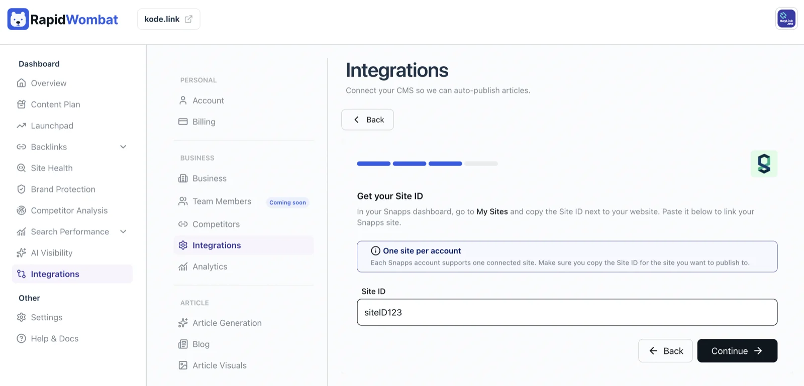 The Snapps wizard asking for your Site ID