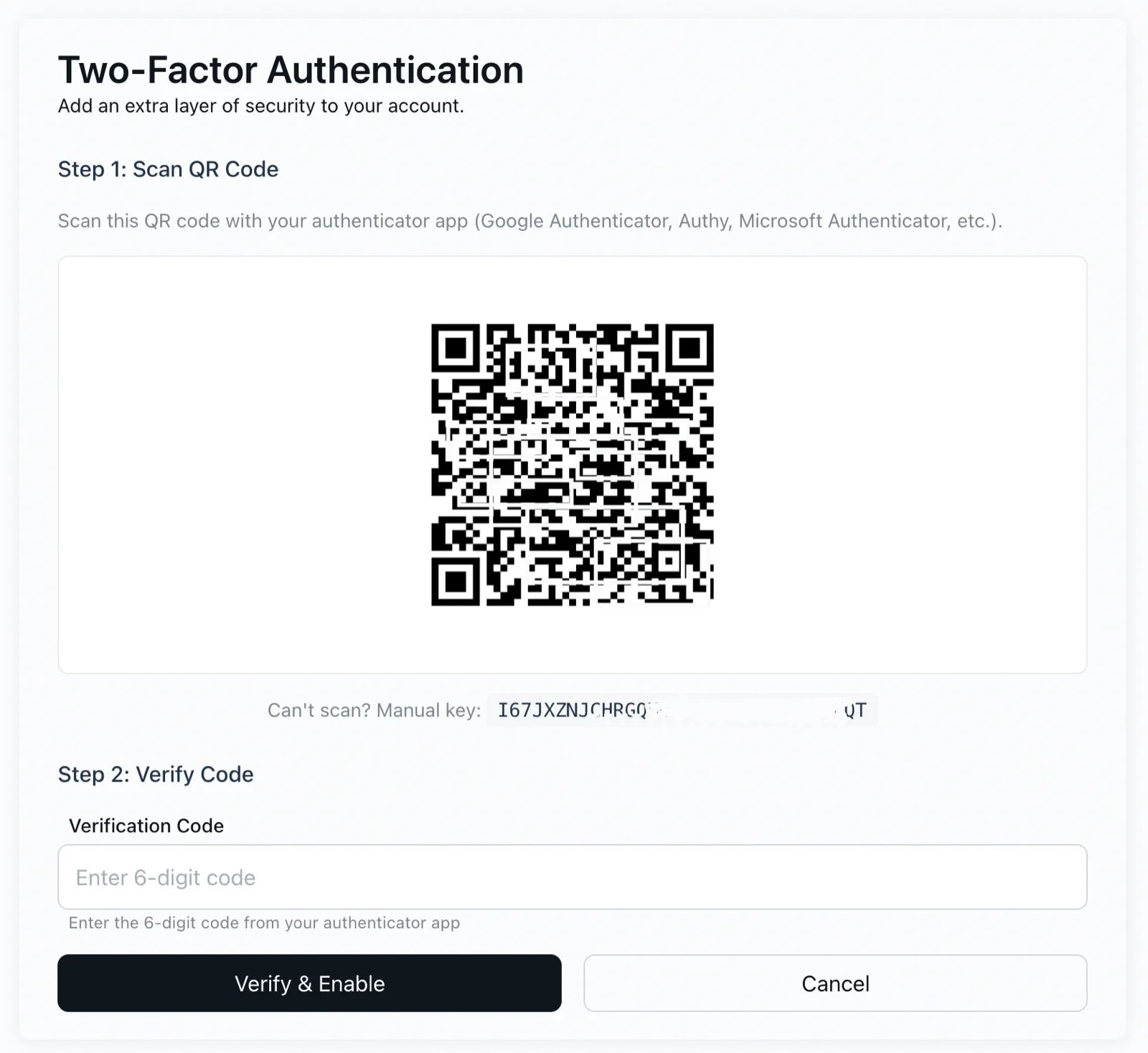 The two-factor authentication setup with QR code and verification code steps