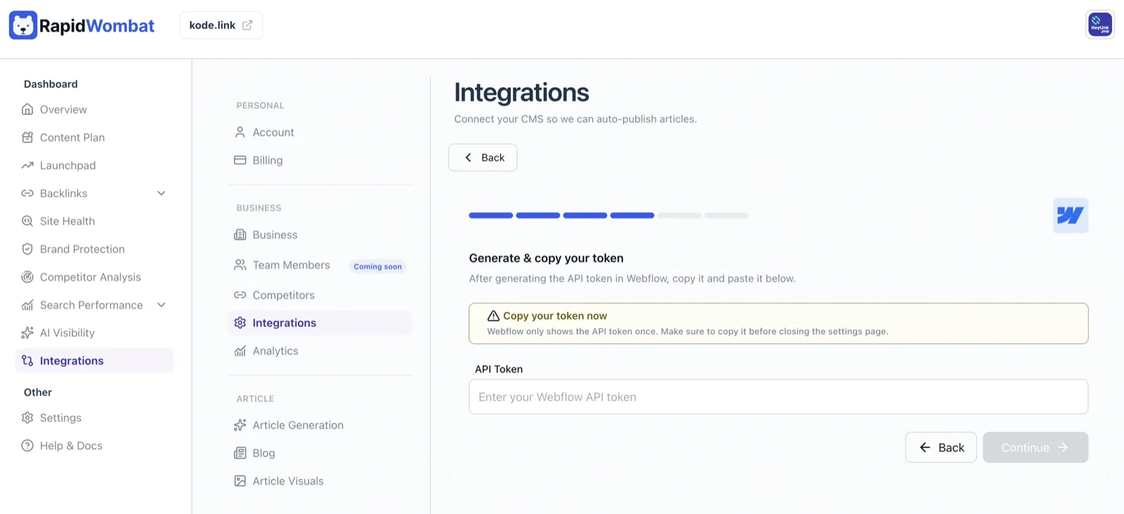 The Webflow wizard asking for your API token