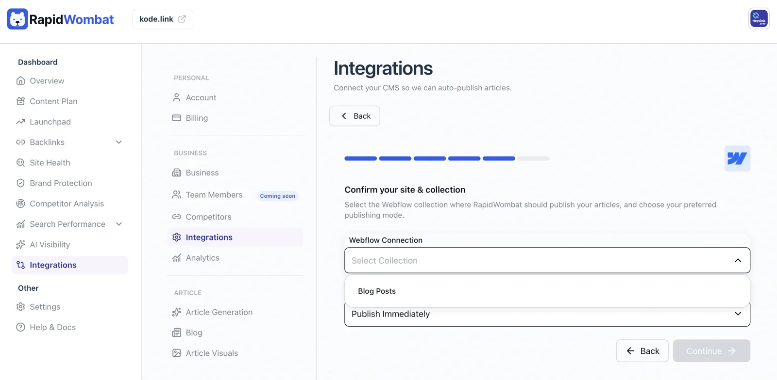 Picking the Webflow collection and publishing mode