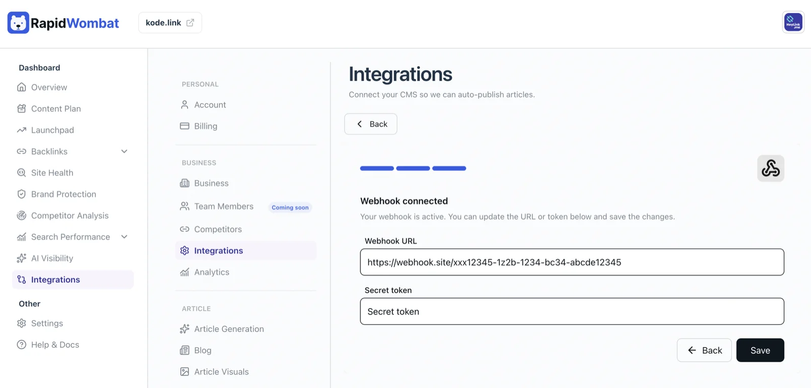The webhook settings with the Webhook URL and Secret token fields