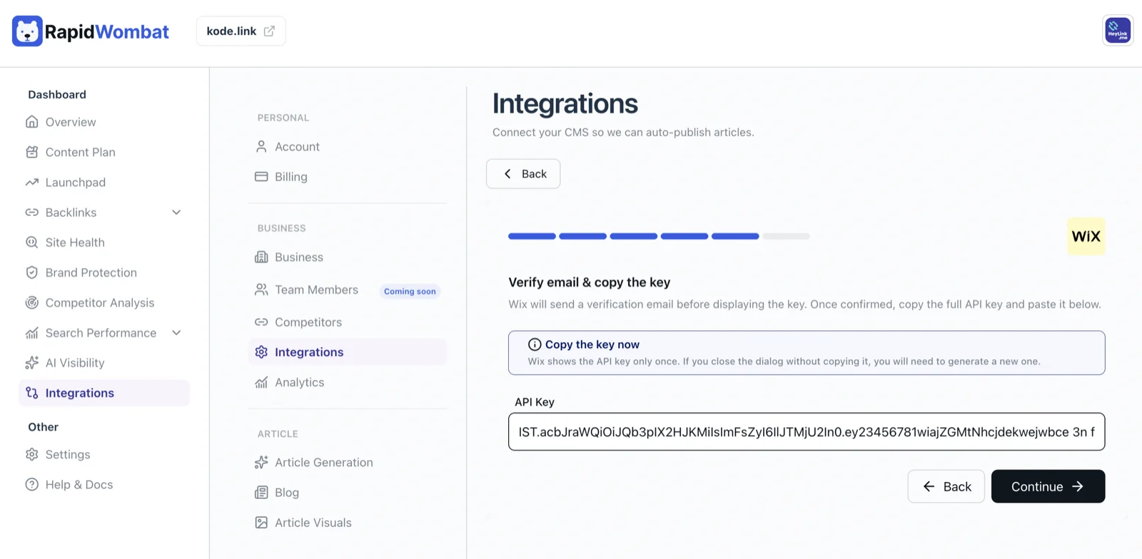The Wix wizard asking for the API key