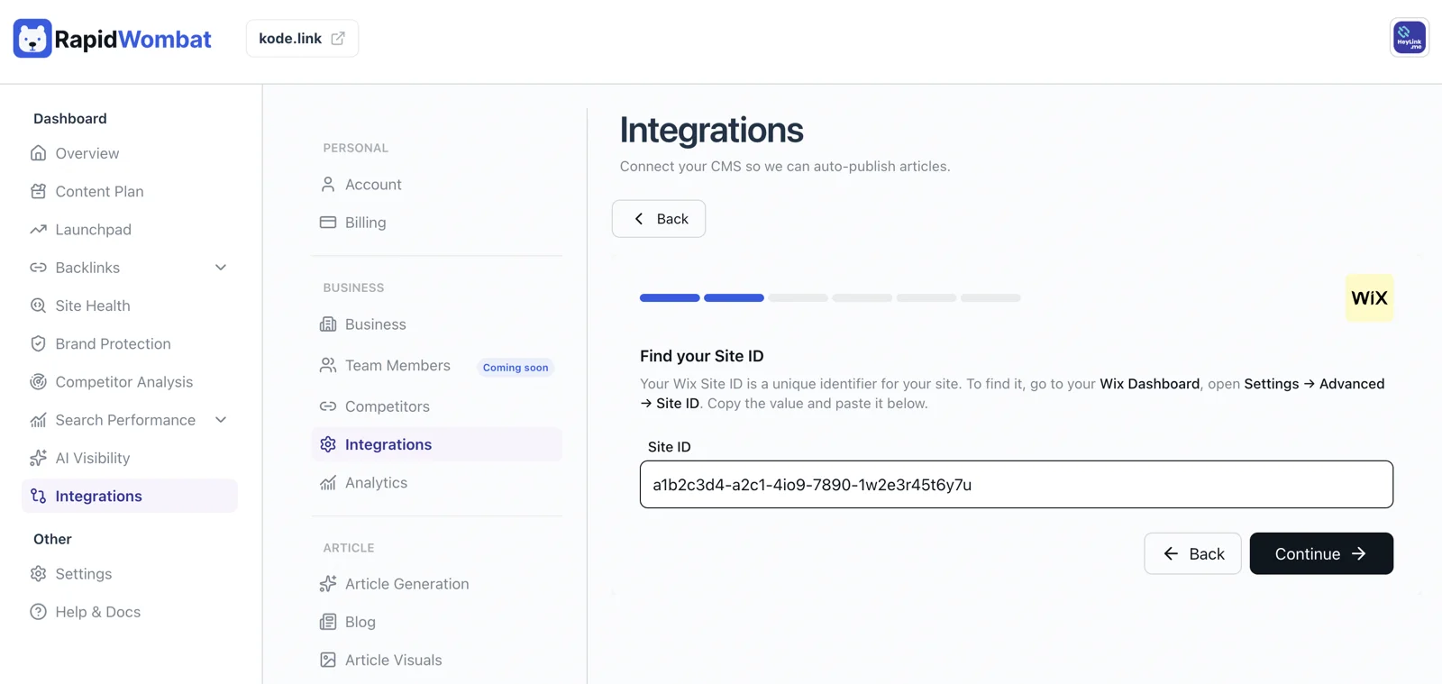 The Wix wizard asking for your Site ID