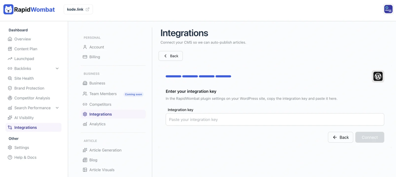 The WordPress wizard asking for the plugin's integration key